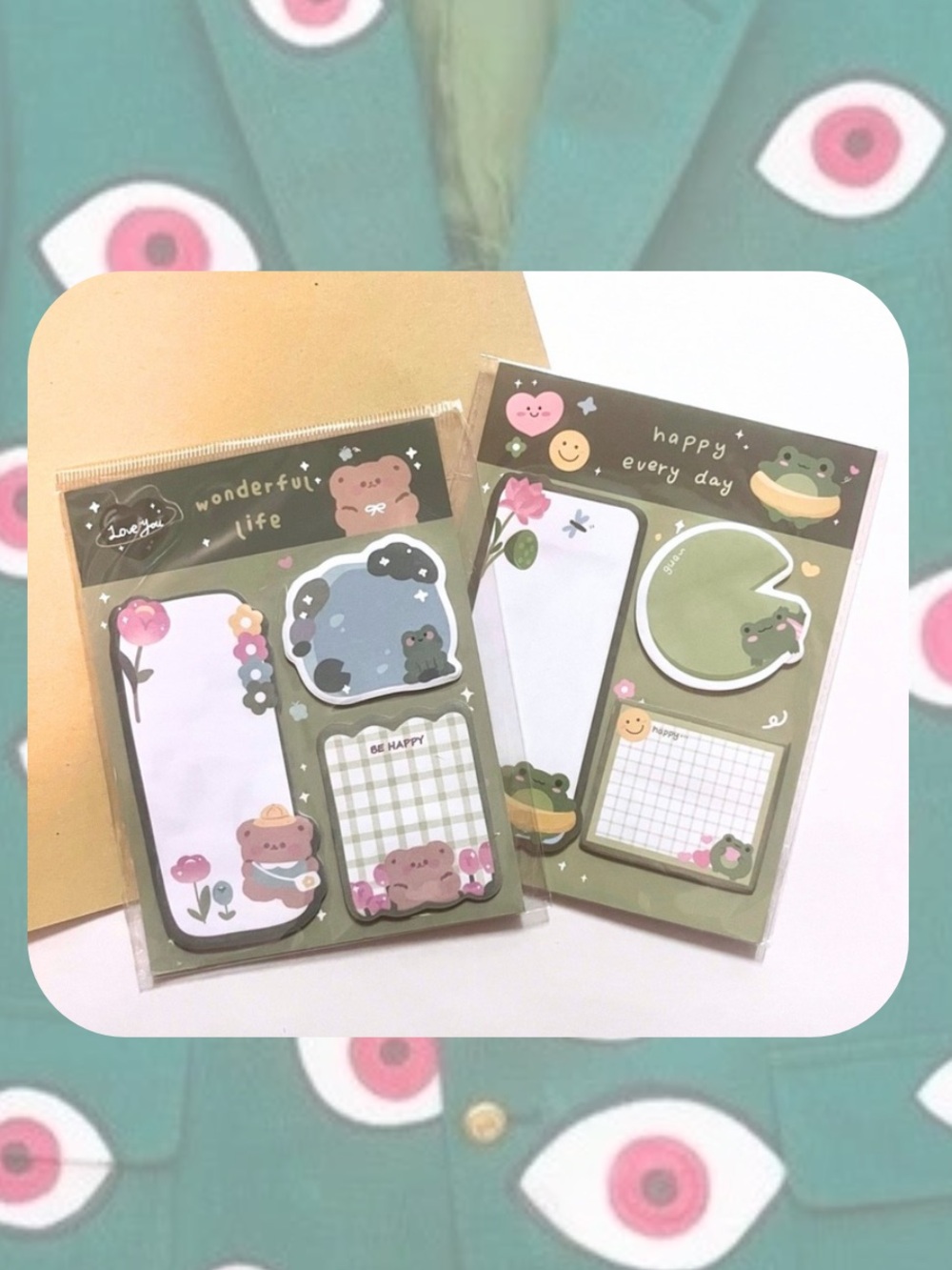 🎉 Set of 2 Kawaii Green Frog & Bear Sticky Note Set Stationery Bundle